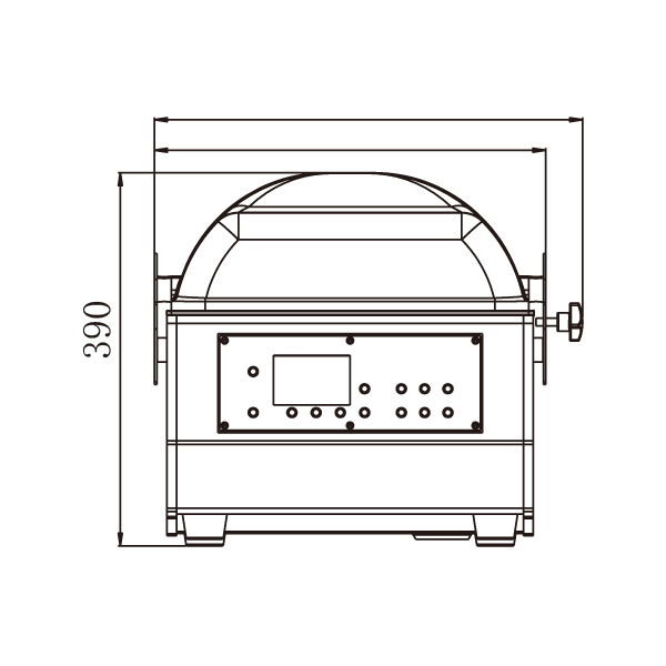 DZ-300T table-top vacuum packing machine — front view with overall width and height dimensions in millimetres