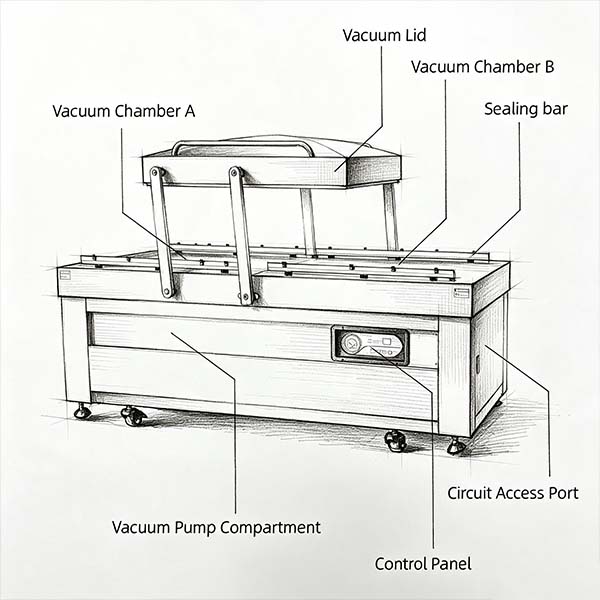 Double chamber vacuum packaging machine schematic diagram